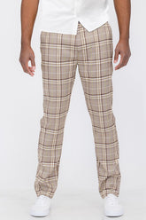 Men Plaid Pattern Slim Fit Button Fly Pockets Trouser Pants Brown Zarnesh